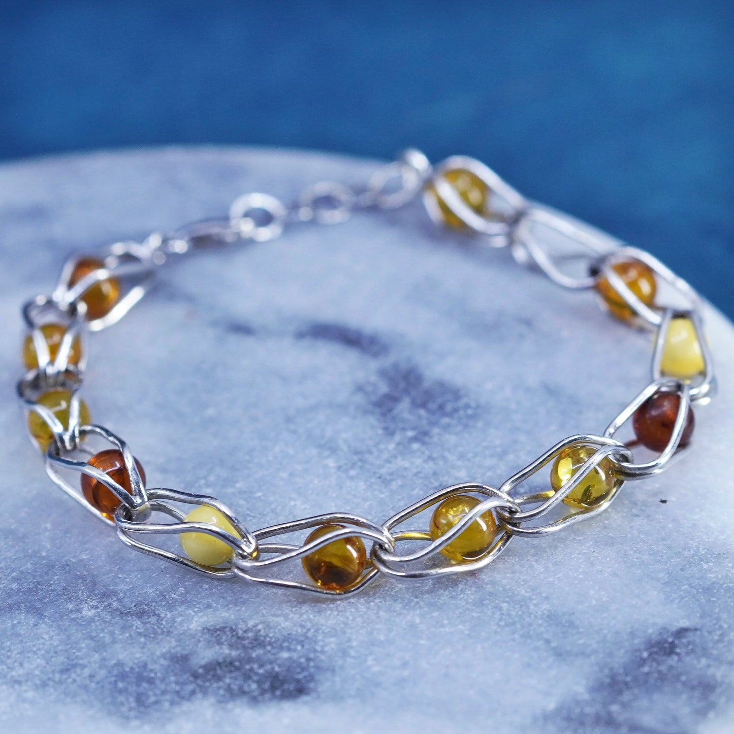 7.5”, vintage sterling silver 925 handmade bracelet with amber beads