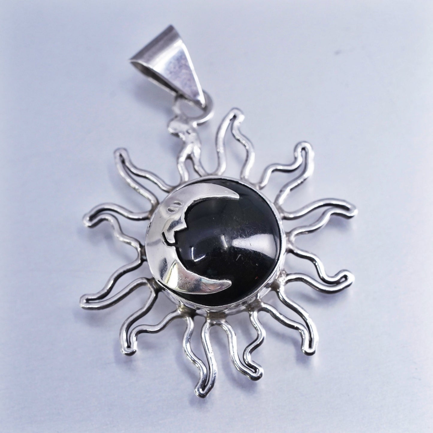 Vintage Sterling silver handmade 925 sun moon face charm pendant with onyx
