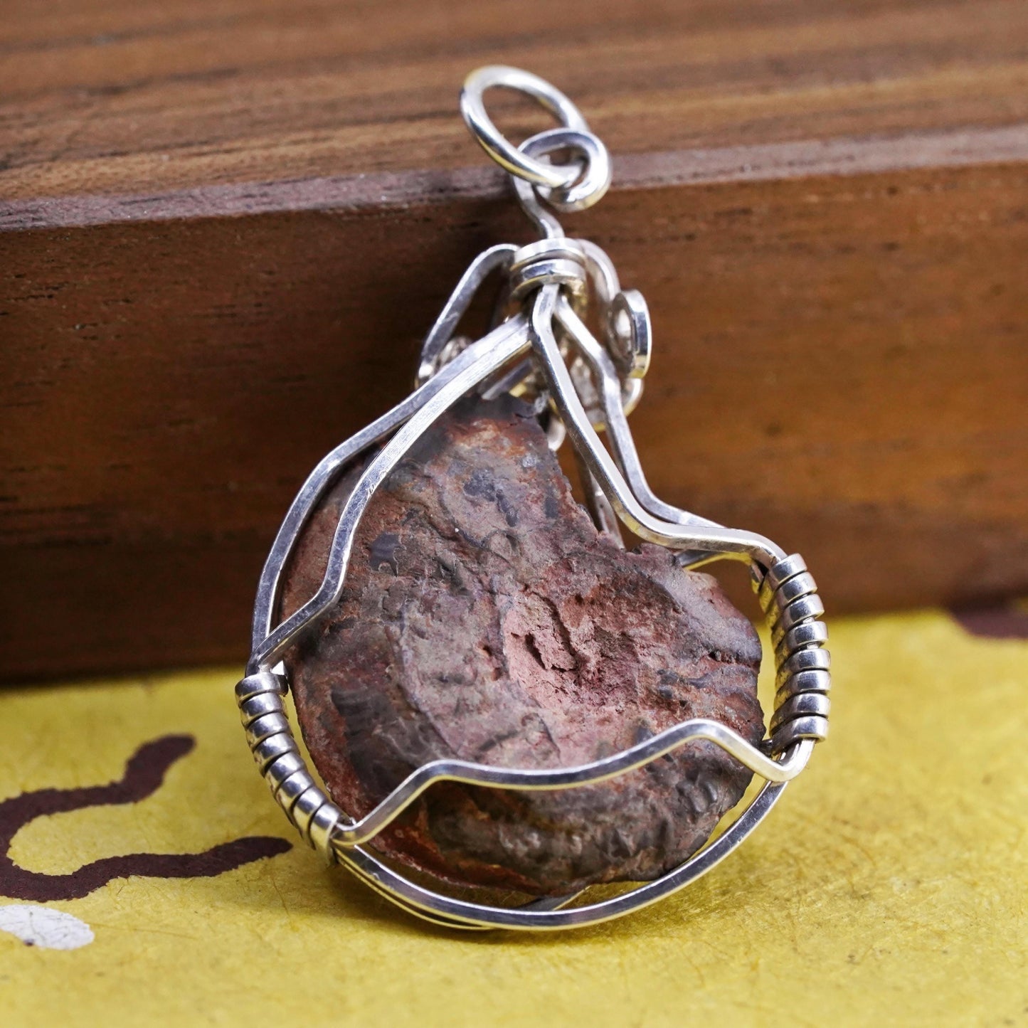 Vintage Sterling silver handmade pendant, solid 925 silver wired fossil shell