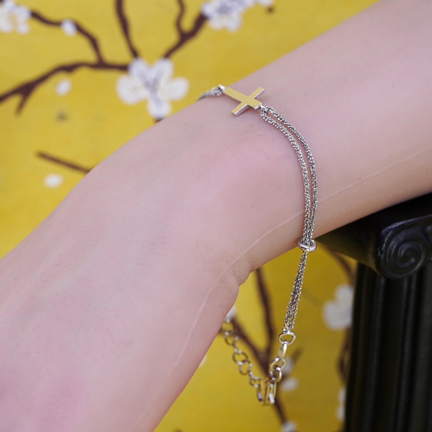 7.75", Dyadema Sterling silver bracelet, 925 double strands chain cross charm