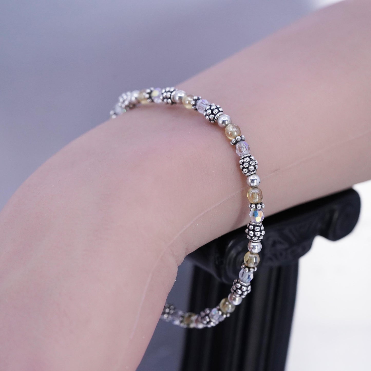 7.5", Vintae Sterling 925 Silver Handmade Bracelet, Crystal beads