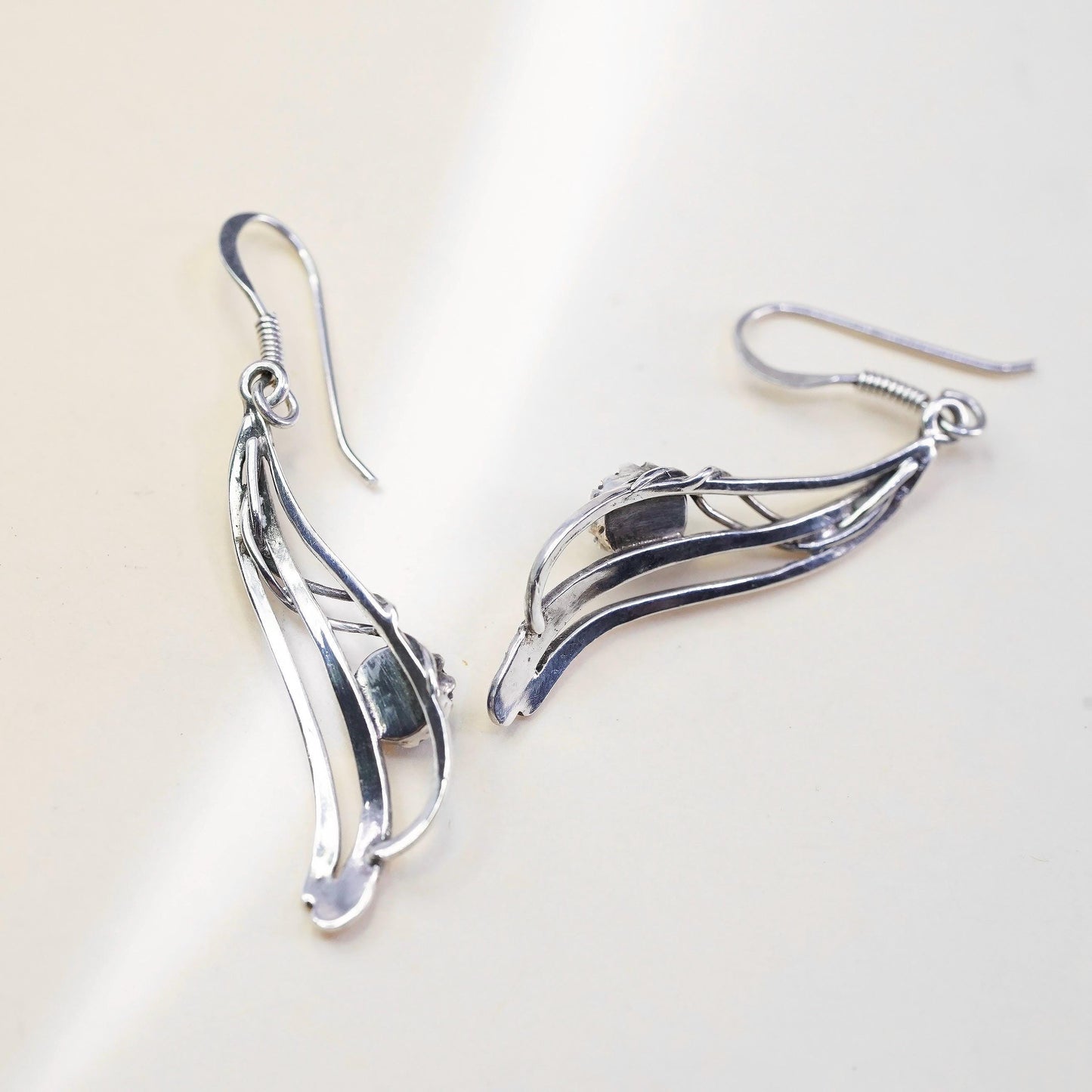 Vintage Sterling silver handmade earrings, 925 wavy drops with blue glass