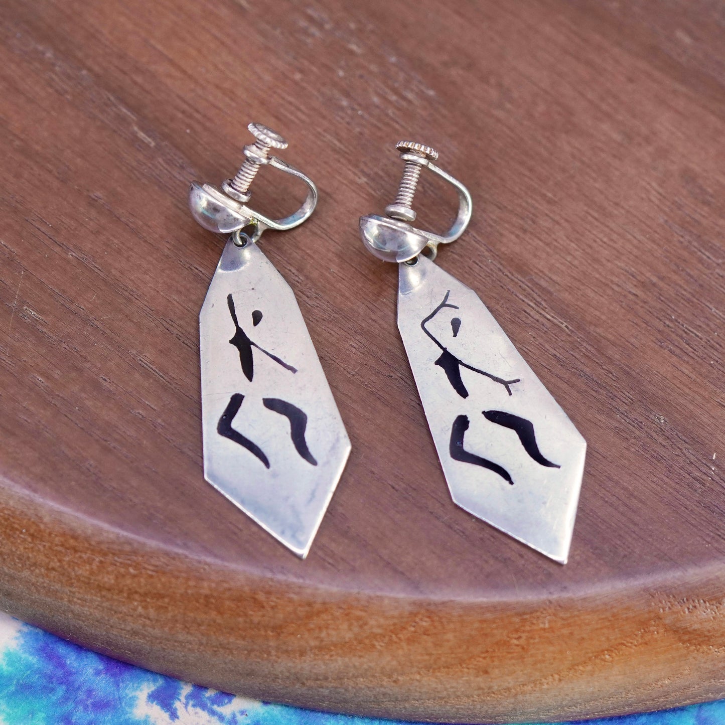 vtg Mexico Sterling Silver handmade RSS Screwback Dangle Earrings with dancer