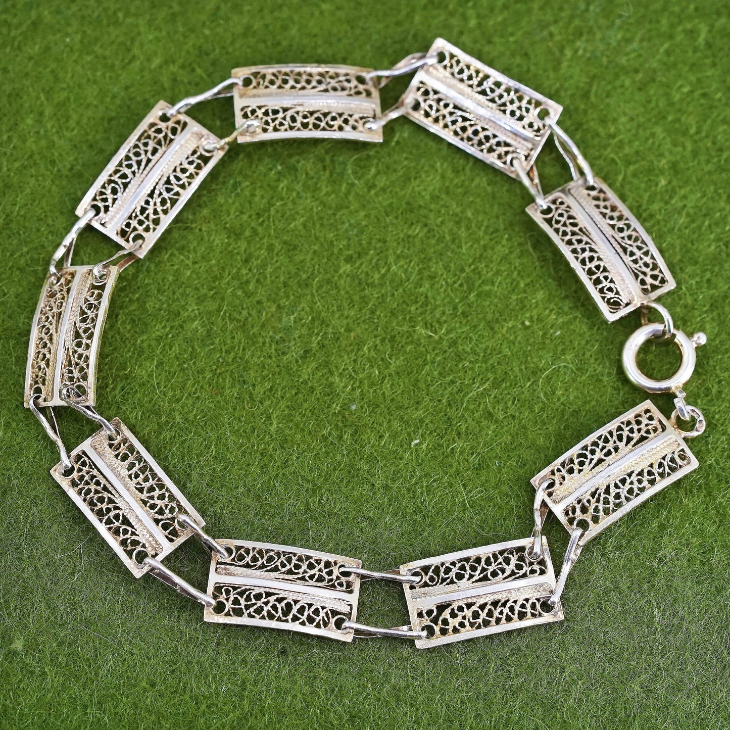 8", Italian sterling silver handmade bracelet, filigree rectangular chain
