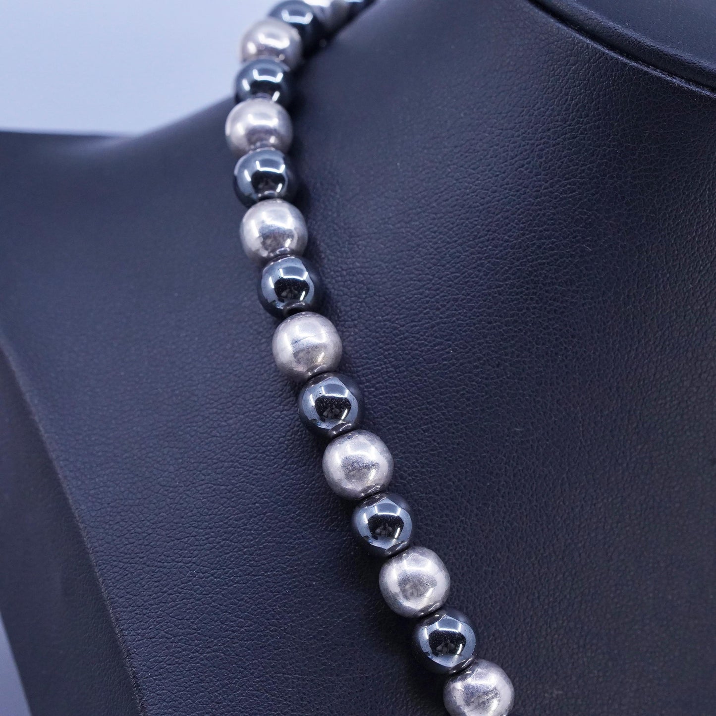 16" 8mm, Vintage Sterling 925 silver handmade necklace with hematite beads