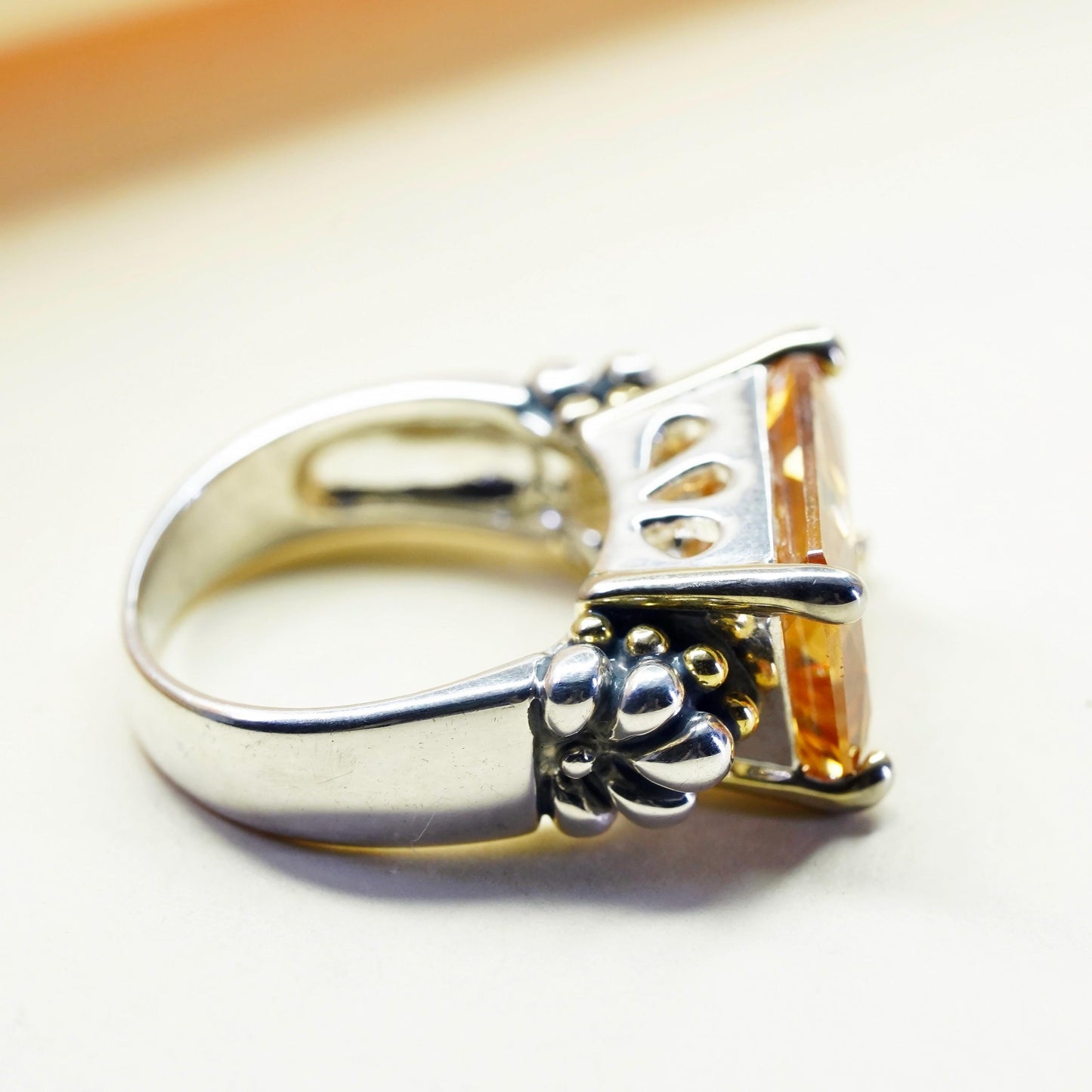 Size 6, vintage Sterling 925 silver cocktail ring citrine 14K yellow gold beads