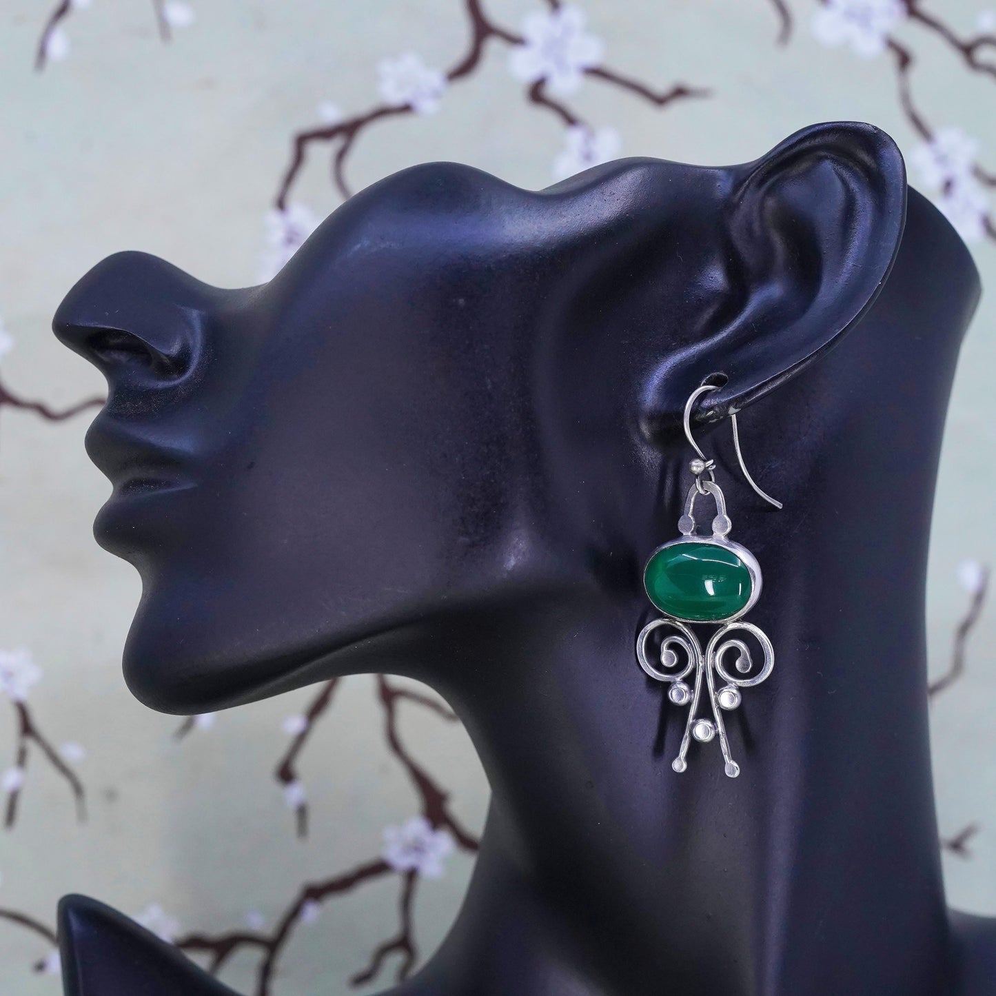 Vintage Sterling silver handmade earrings, 925 whirl waves dangles and jade