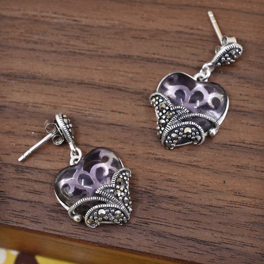 Vintage sterling 925 silver handmade earrings with heart amethyst and marcasite