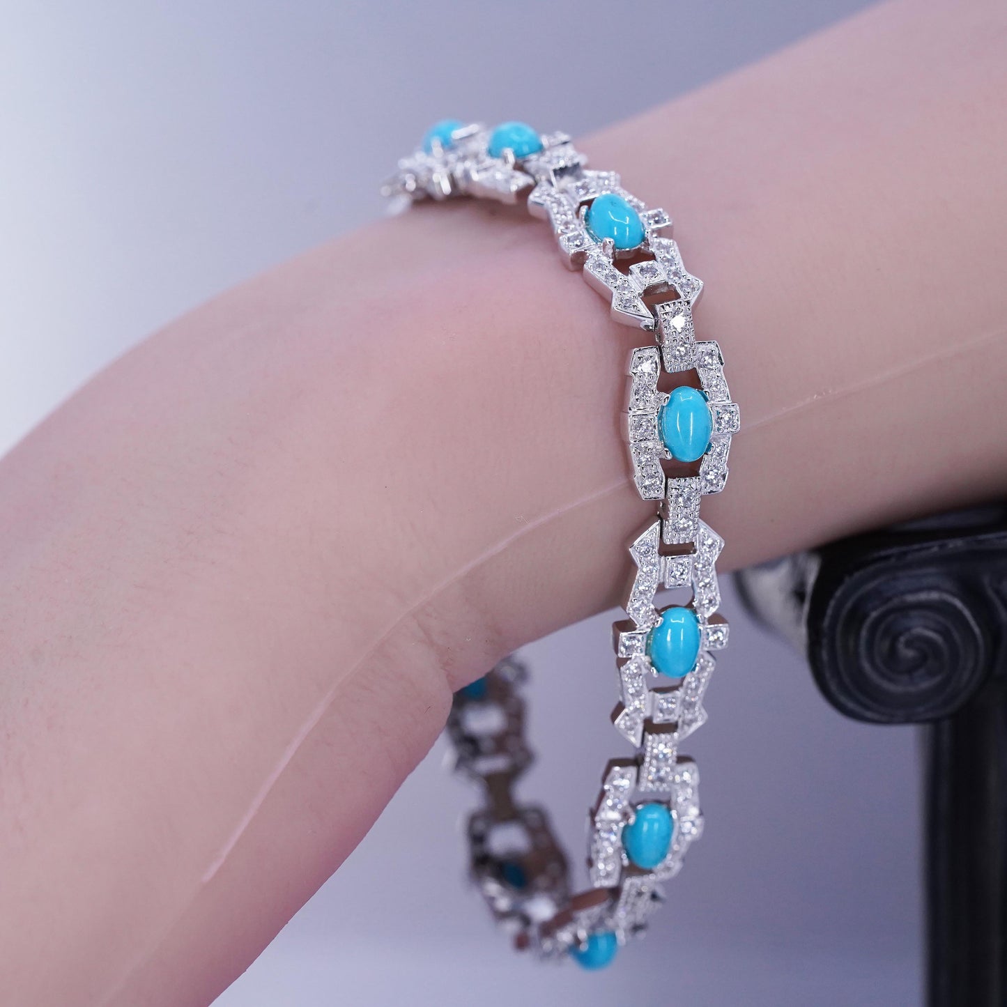 7.5”, Vintage Sterling 925 silver tennis bracelet chain w/ turquoise cluster cz