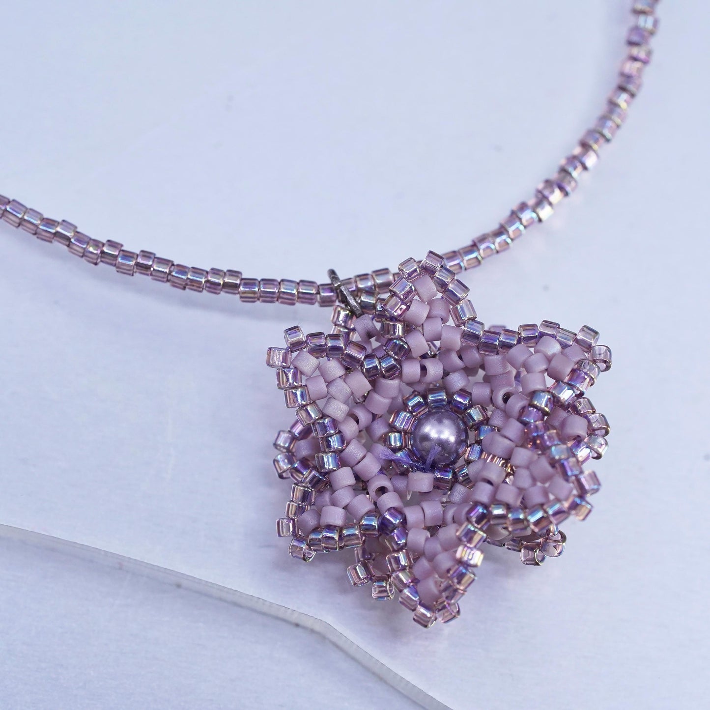 17", Sterling necklace, 925 Silver beads with lavender purple Crystal flower