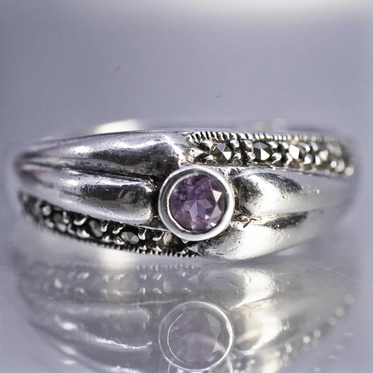 size 9, Vintage Sterling Silver handmade Ring, 925 band with amethyst marcasite