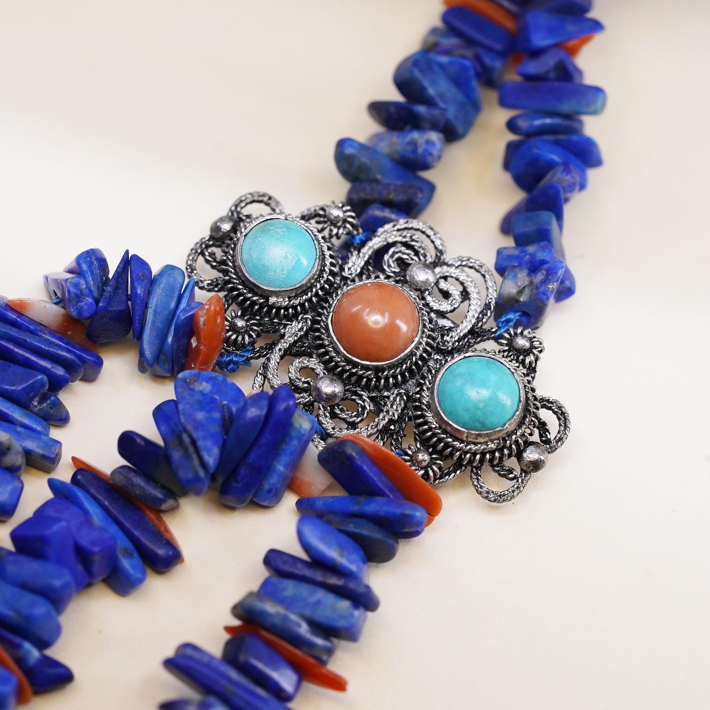 24", Native American Sterling Silver 925 Lapis Lazuli Turquoise Coral Necklace