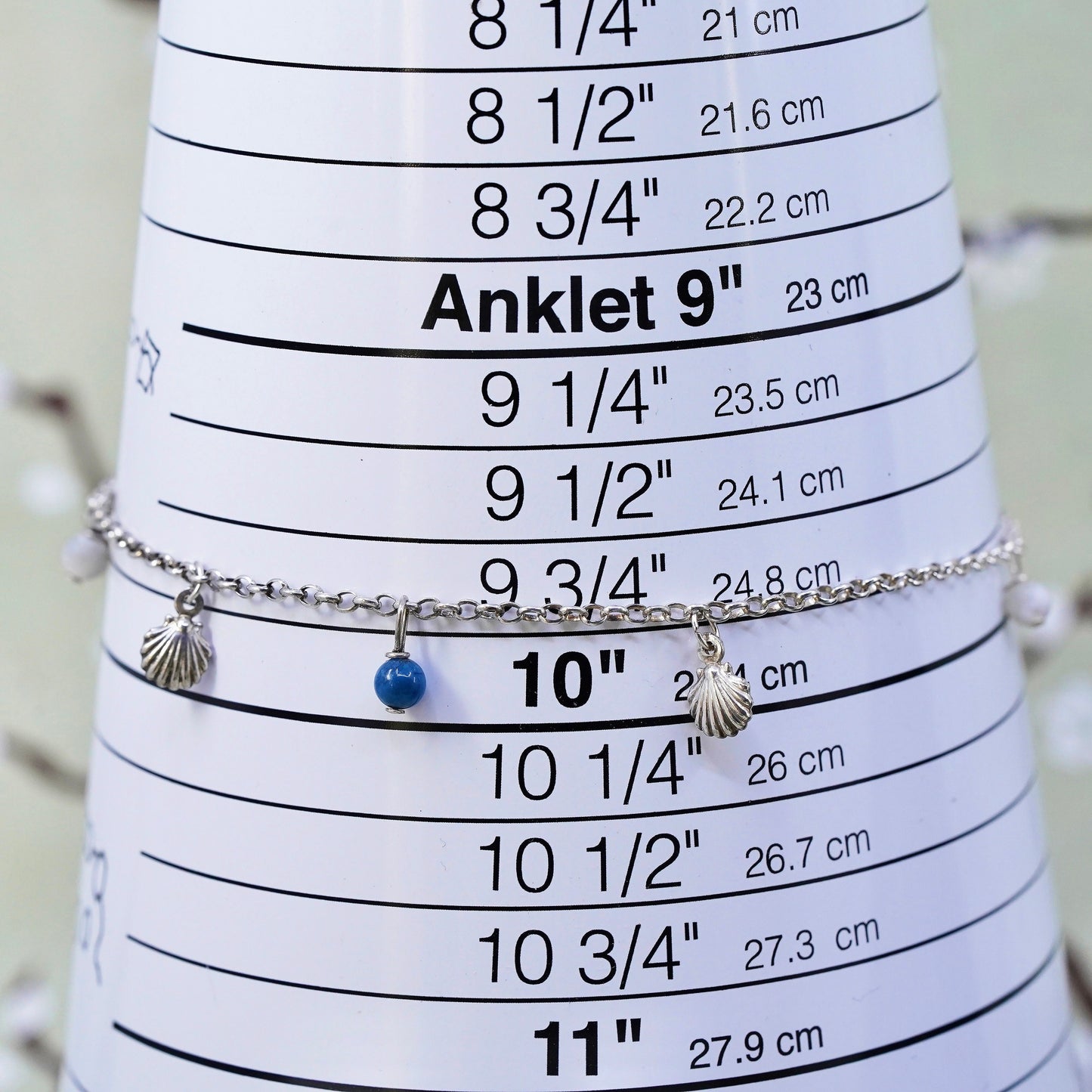 9.75”, sterling silver anklet bracelet, 925 circle shell charm sodalite beads