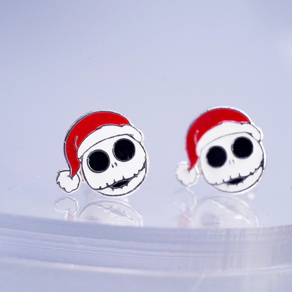 Jack Santa Hat Earrings, Christmas Skeleton Enamel Sterling 925 Silver Studs