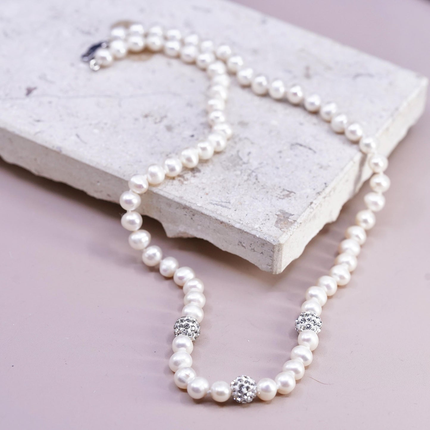18", vintage Sterling 925 silver necklace 6mm freshwater pearl cluster cz beads