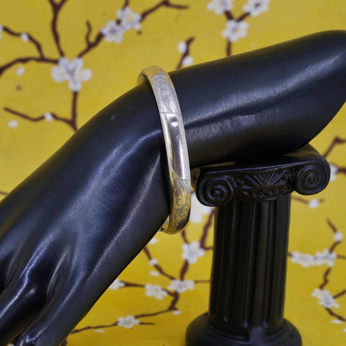 7.25", antique sterling silver handmade bracelet, textured 925 hinged bangle