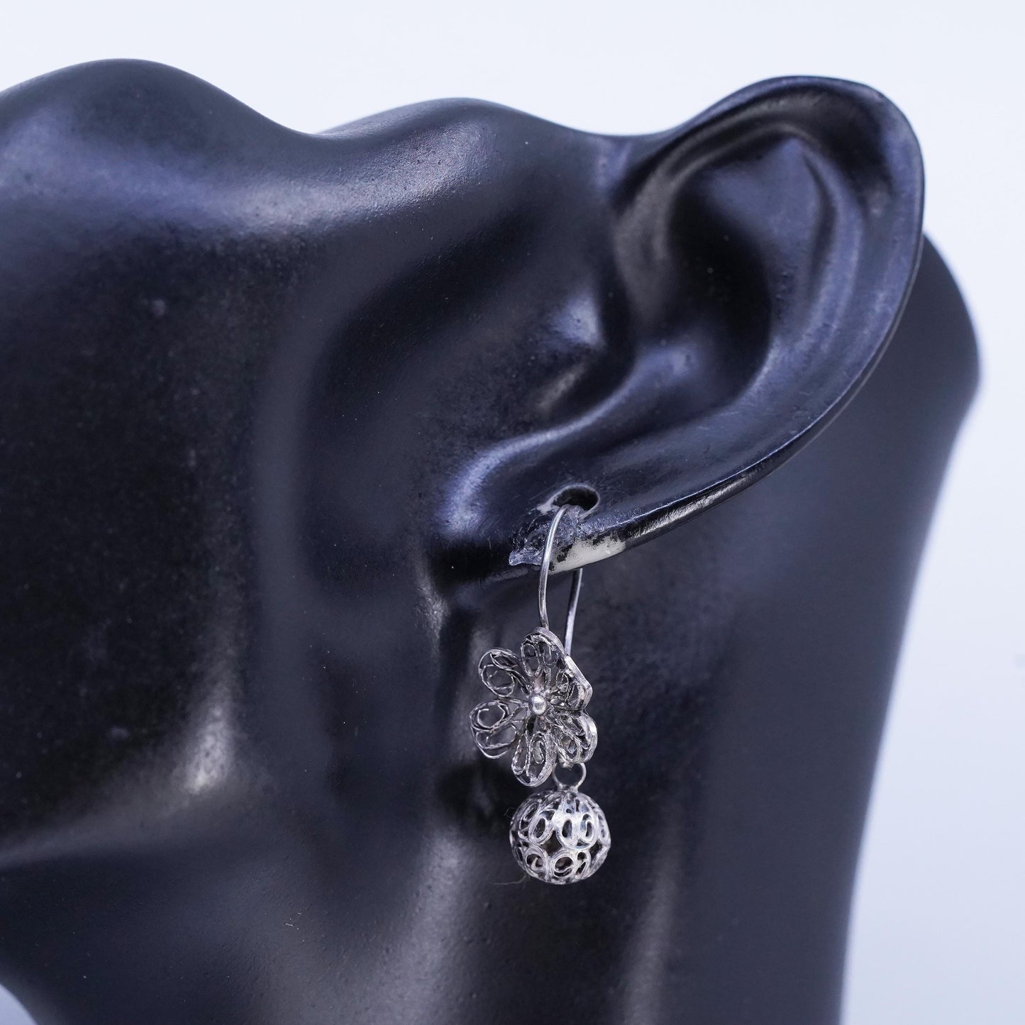 Vintage Sterling 925 silver handmade filigree flower and bead earrings