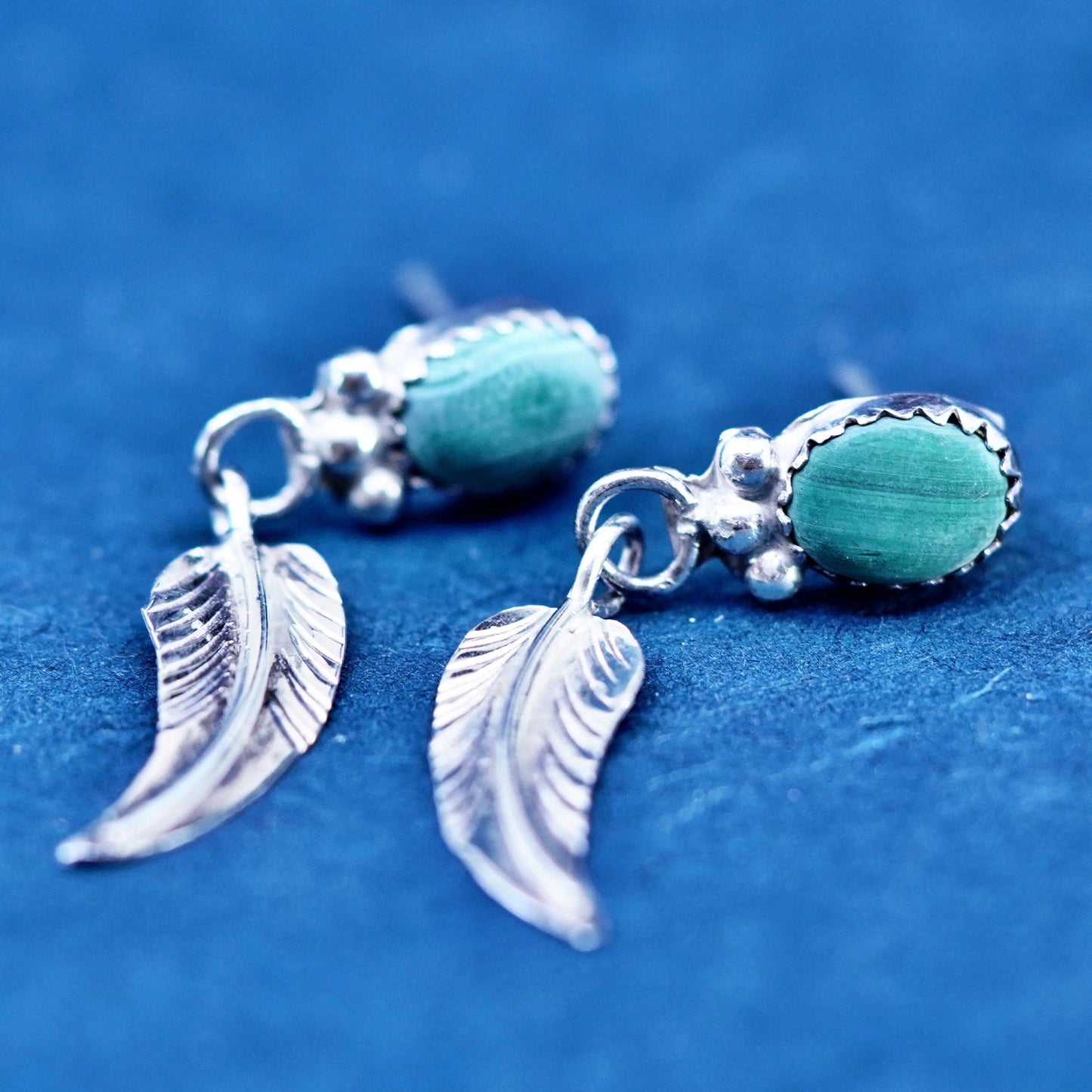 Native American Jason Livingston sterling silver earrings 925 feather malachite
