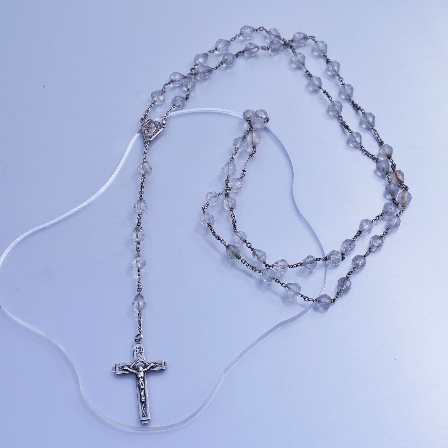 24”, Germany sterling 800 silver rosary necklace bead Jesus cross pendant