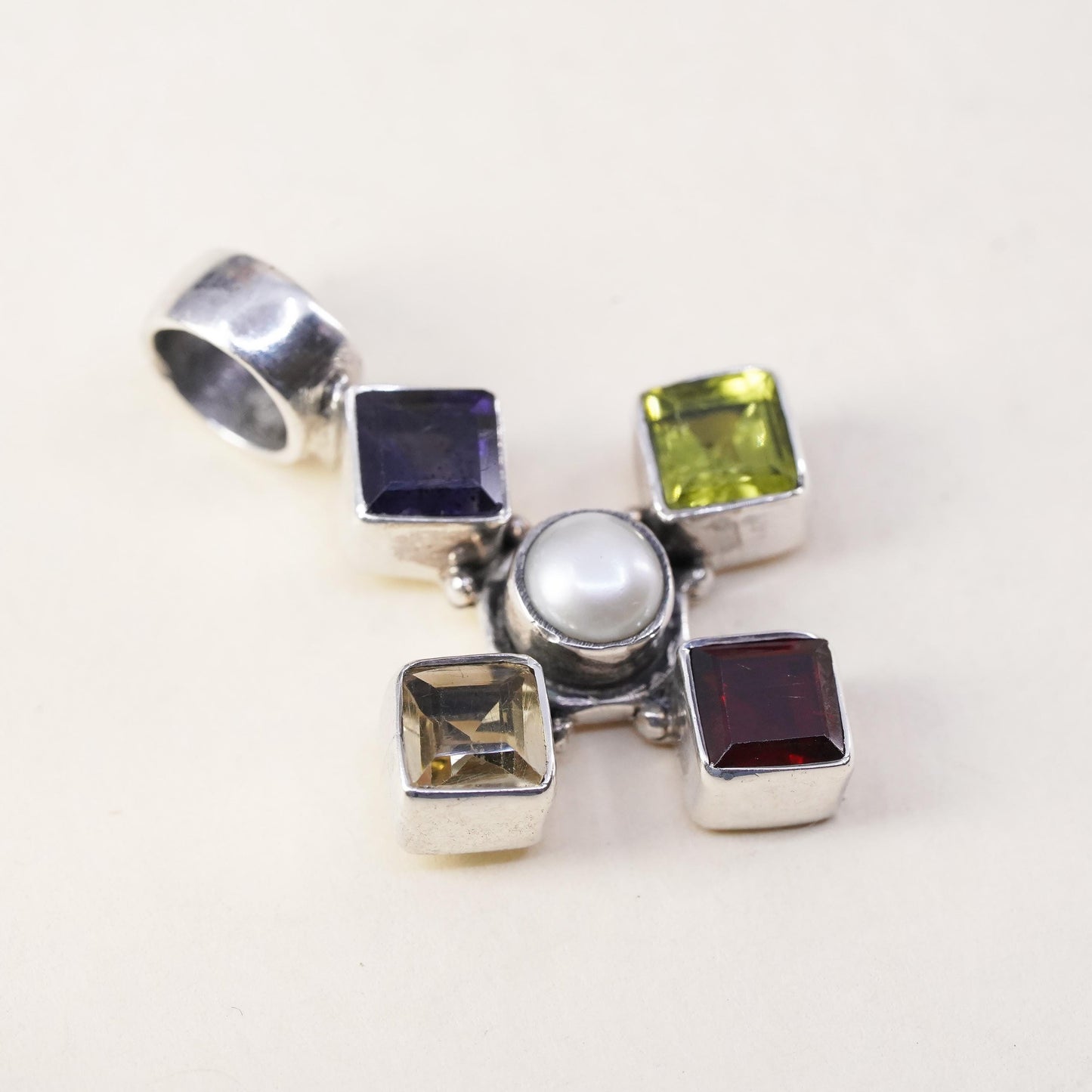 vintage sterling 925 silver handmade pendant w/ citrine peridot pearl amethyst