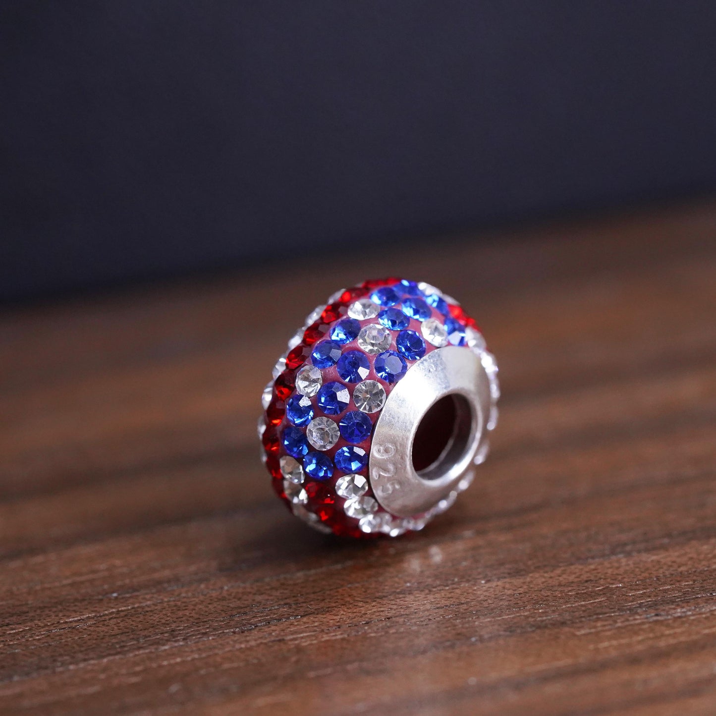 Vintage Sterling 925 silver handmade American flag bead charm with cluster cz