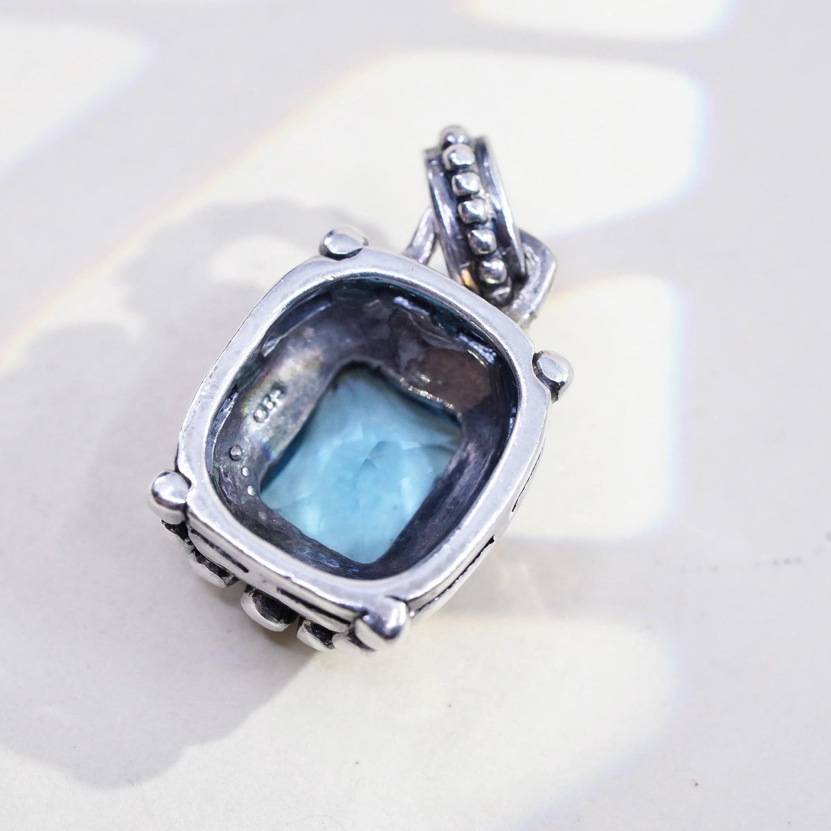 Vintage 925 Sterling Silver Blue Topaz Pendant, Emerald Cut Blue Gemstone Charm