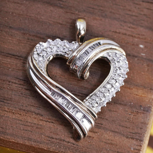 Vintage JWBR sterling silver pendant, 925 ribbed heart with cluster diamonds