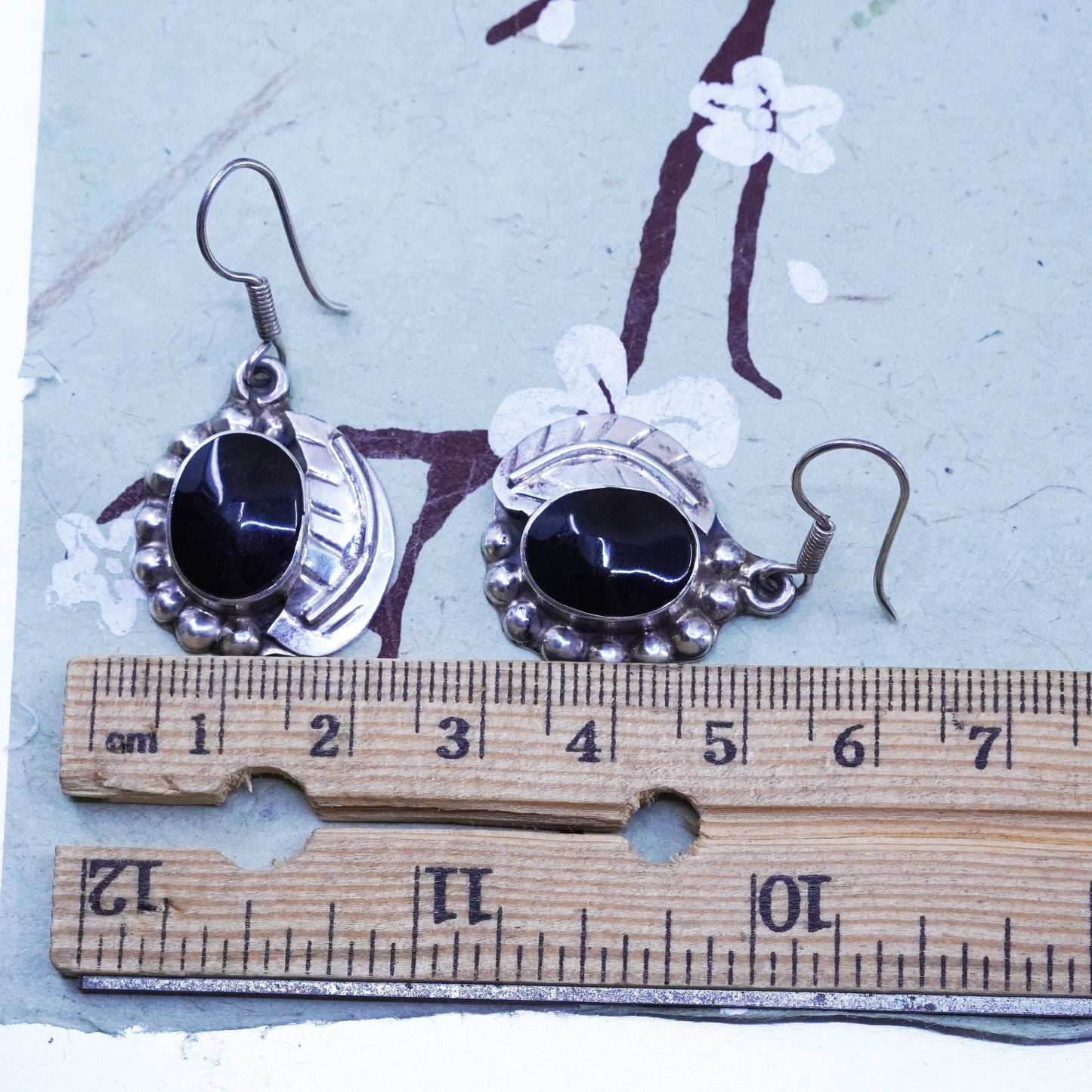 Vintage sterling 925 silver handmade earrings with onyx and beads