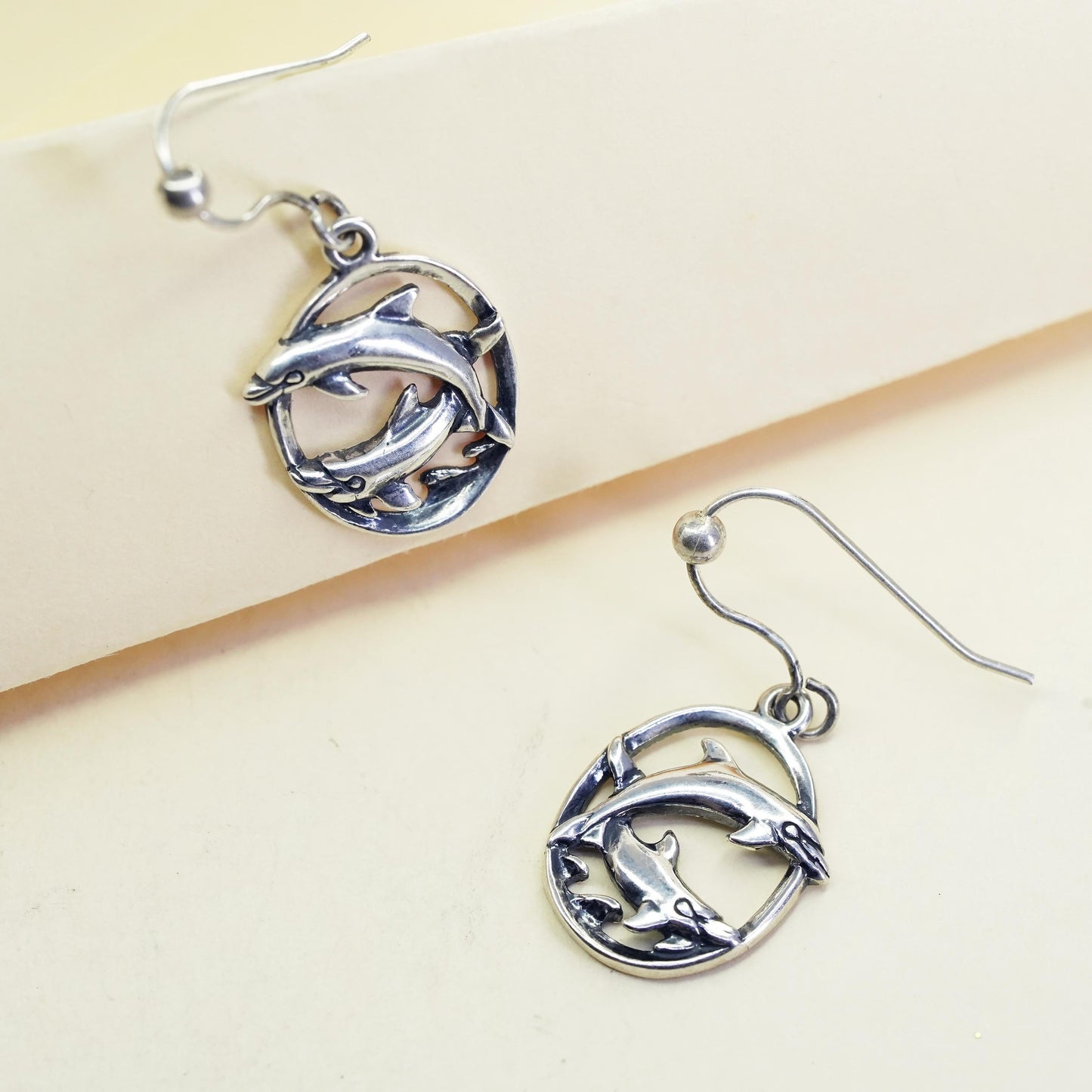 Vintage sterling 925 silver handmade dolphin drop earrings