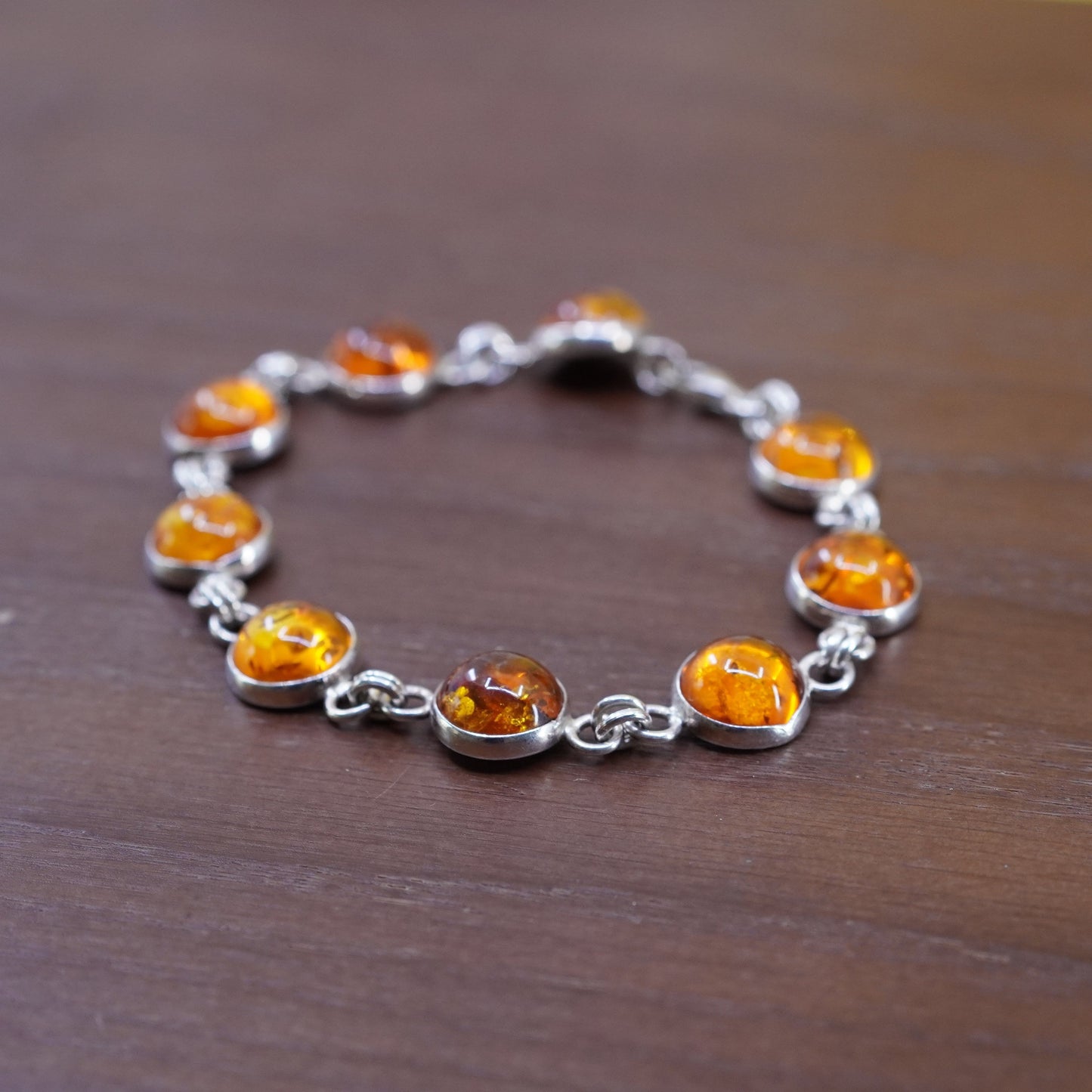 7.25”, vintage Sterling 925 silver handmade bracelet with amber inlay
