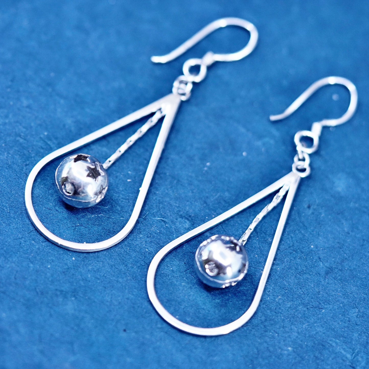 Vintage Sterling silver Handmade earrings, 925 teardrop dangled with star beads