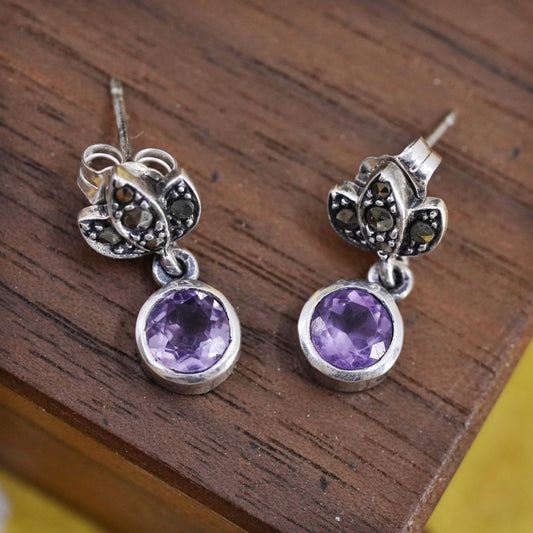 Vintage Sterling 925 silver handmade earrings with amethyst and marcasite