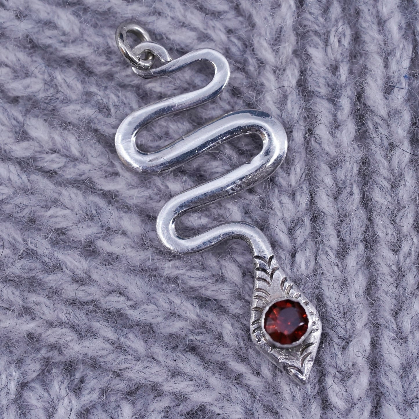 Vintage Sterling silver handmade pendant, 925 snake with ruby