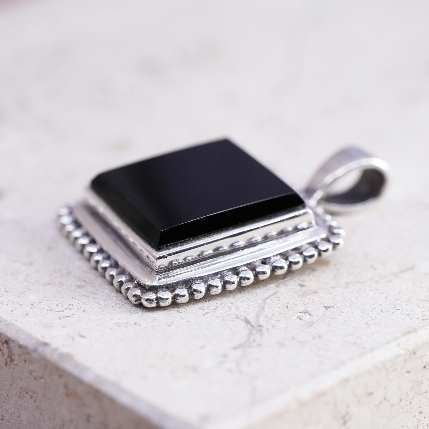Vintage Peyote Bird Sterling 925 silver handmade square pendant black onyx bead