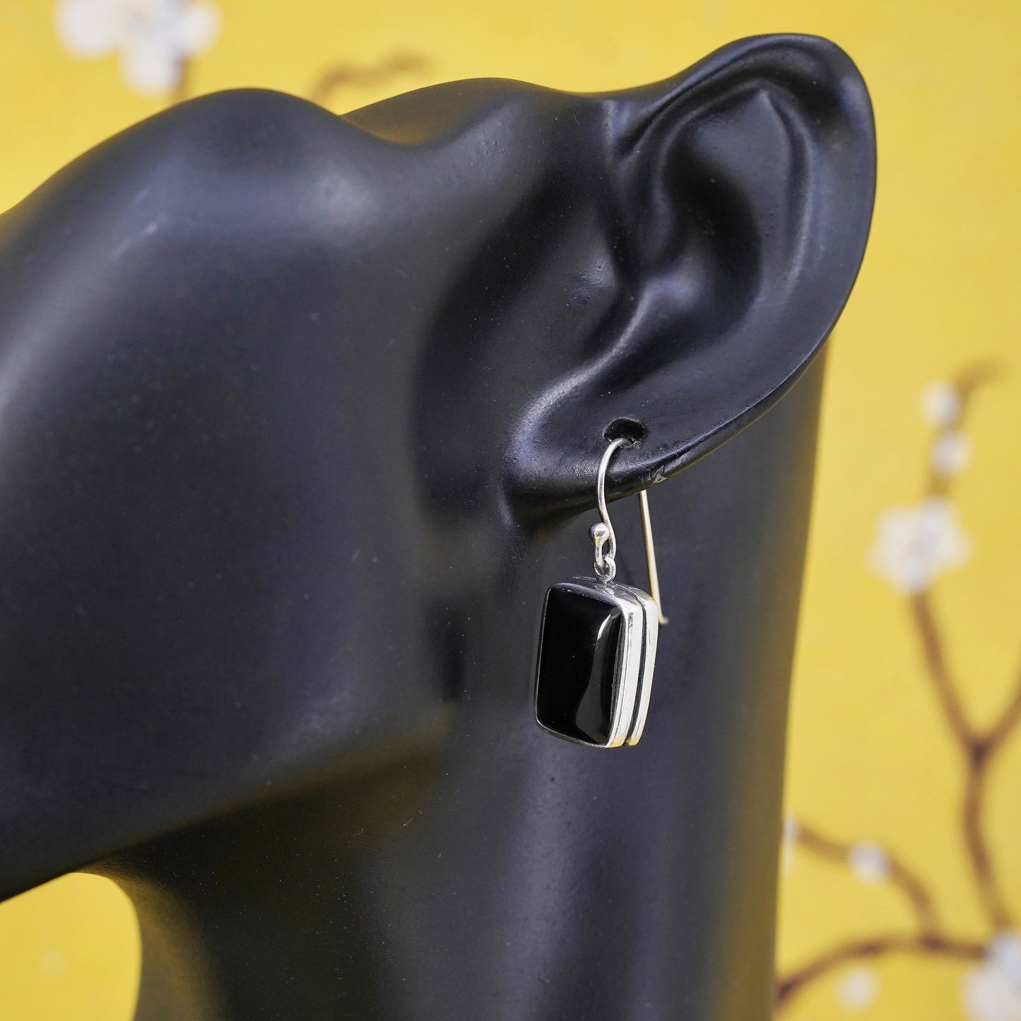 Vintage Sterling silver handmade earrings, Mexico 925 dangle with square onyx