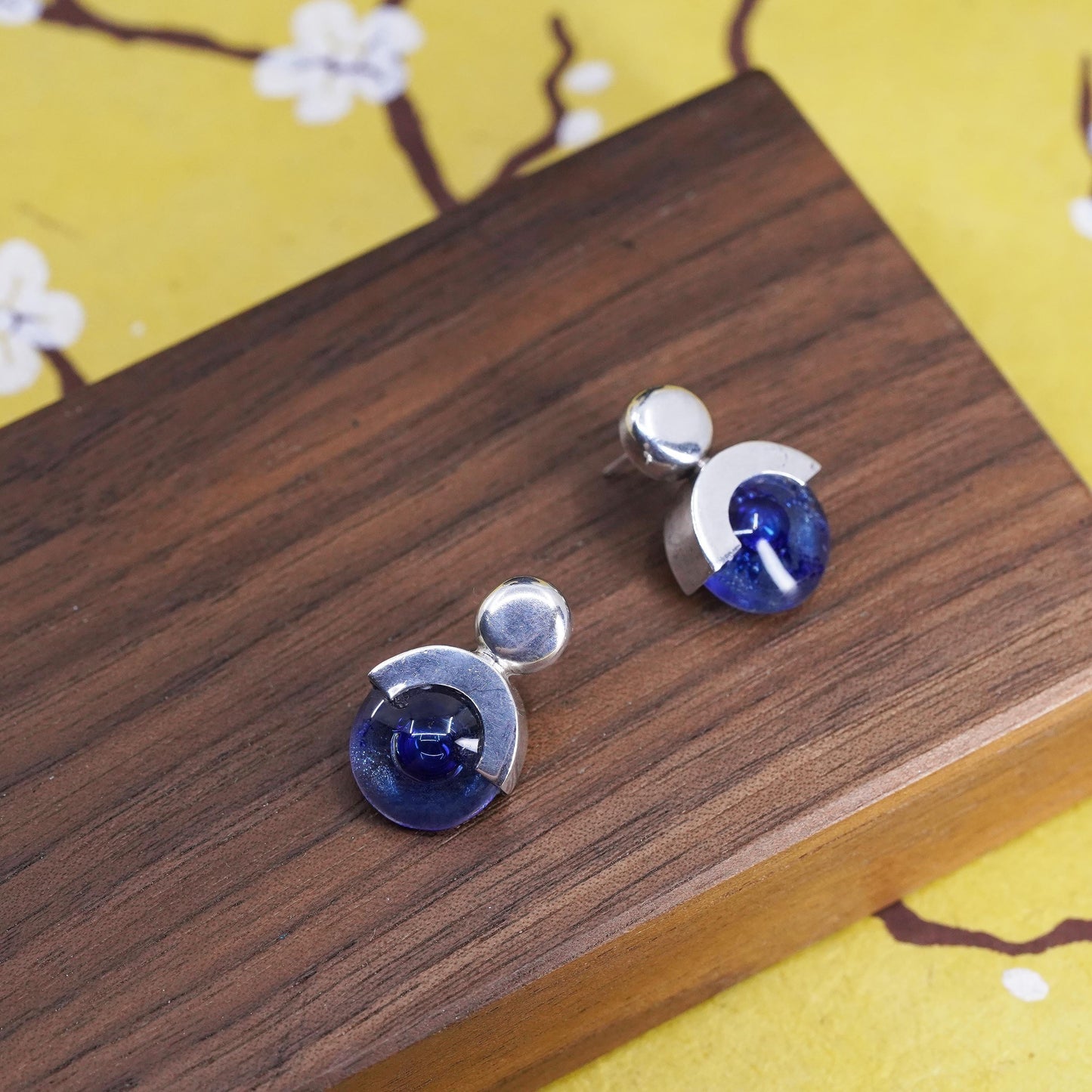 vintage Mexican Sterling silver studs, circle earrings with blue glass