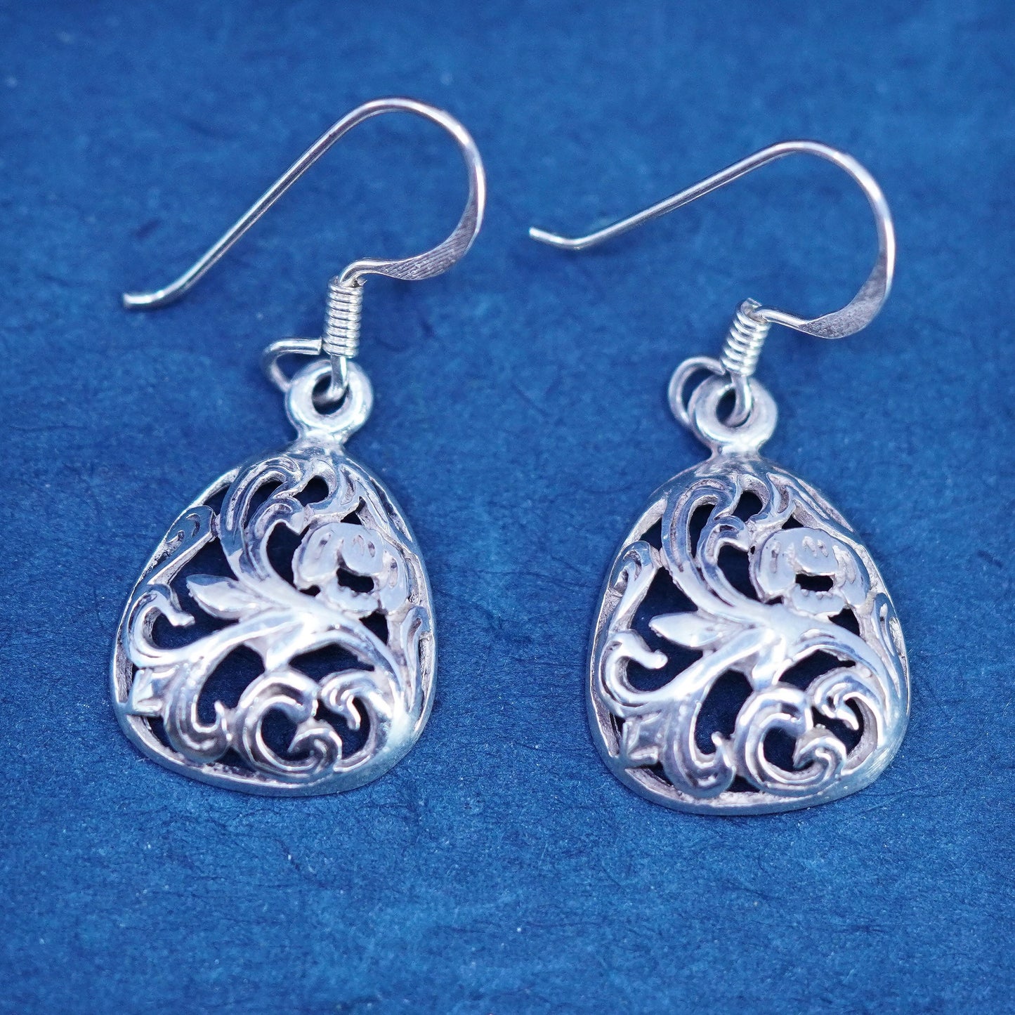 Vintage sterling silver handmade earrings, 925 filigree flower drop