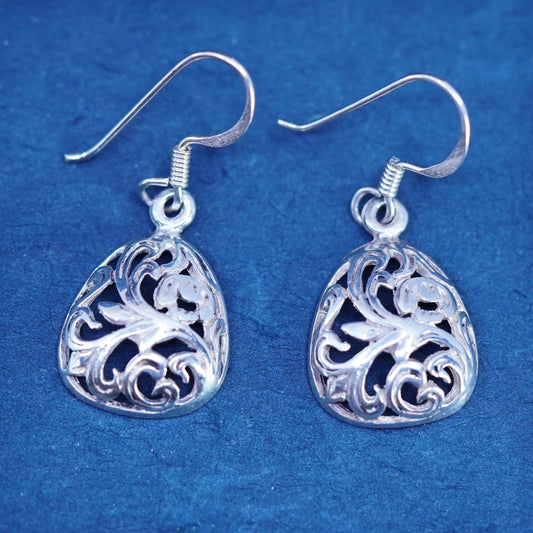 Vintage sterling silver handmade earrings, 925 filigree flower drop
