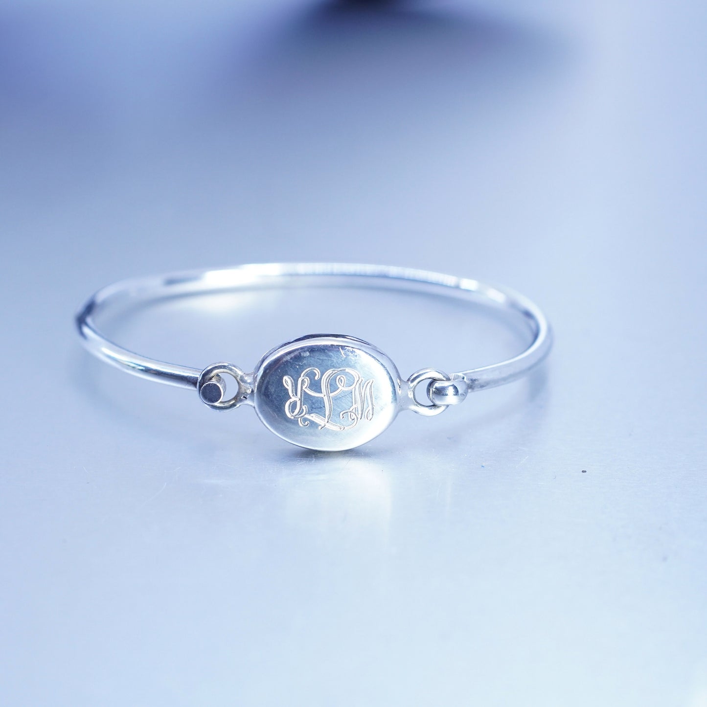 6.5”, Mexico Sterling 925 silver bracelet, hinged bangle monogram initial “WJR"