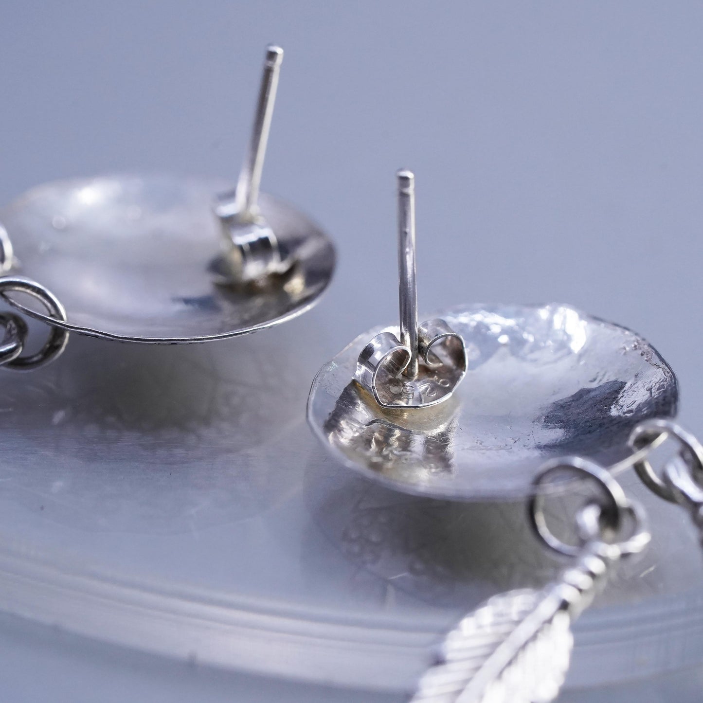 Native American Earson Sterling silver earrings, 925 disc feather dangles