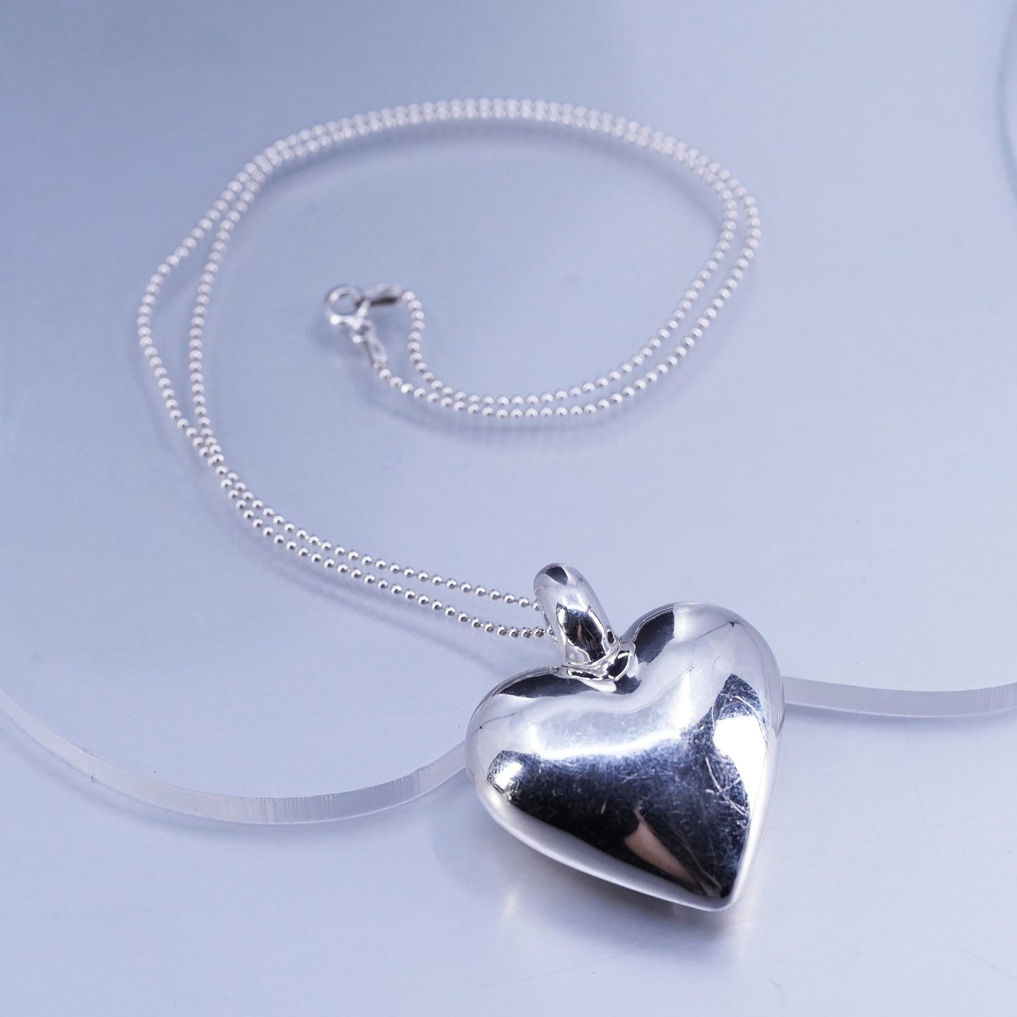 18”, vintage Sterling 925 silver handmade bead necklace w/ puffy heart pendant