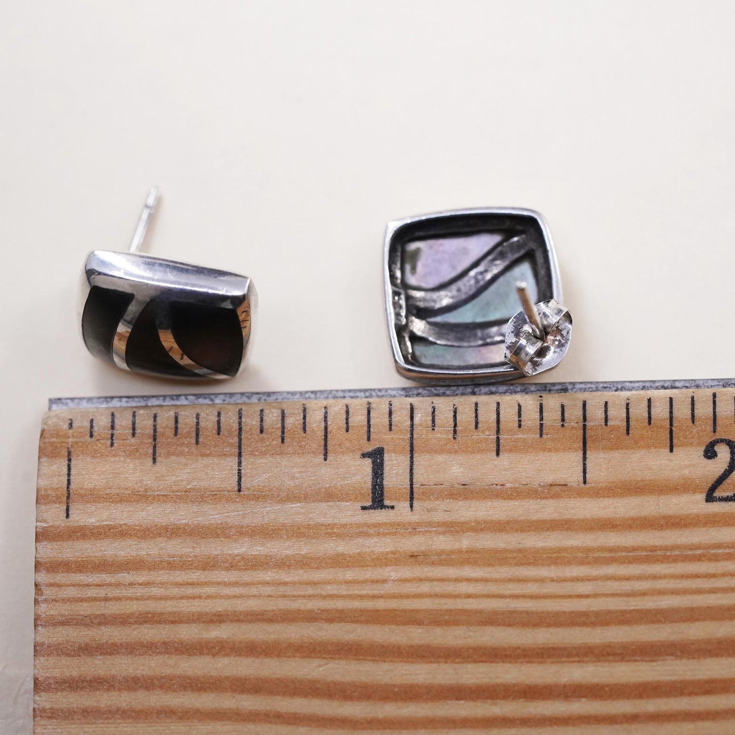 Vintage sterling silver handmade earrings, 925 square studs with abalone inlay