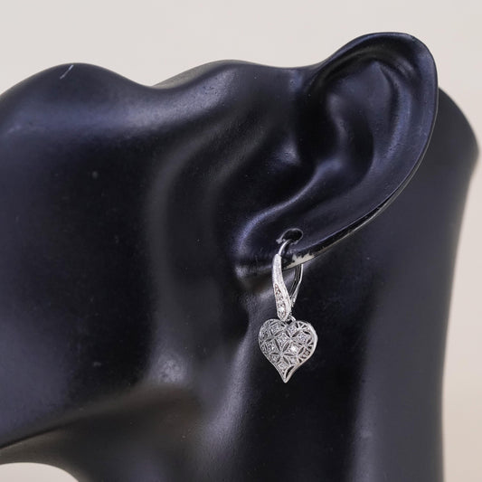 Vintage Tacori sterling silver earrings, filigree 925 heart dangles diamonique