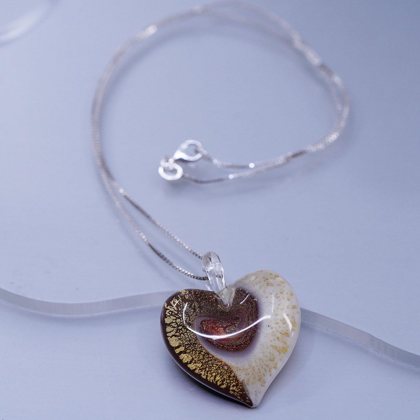 16”, vintage Sterling 925 silver box chain necklace foiled glass heart pendant