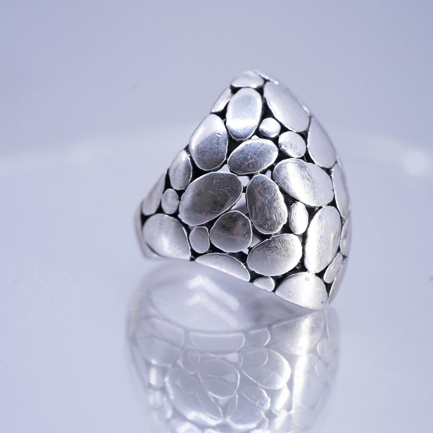 Size 7, Sterling Silver Cocktail Ring 925 Silver Statement Pebble textured Band