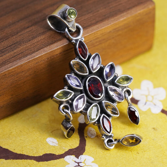 Vintage Sterling silver 925 multi color gemstones pendant ruby peridot citrine