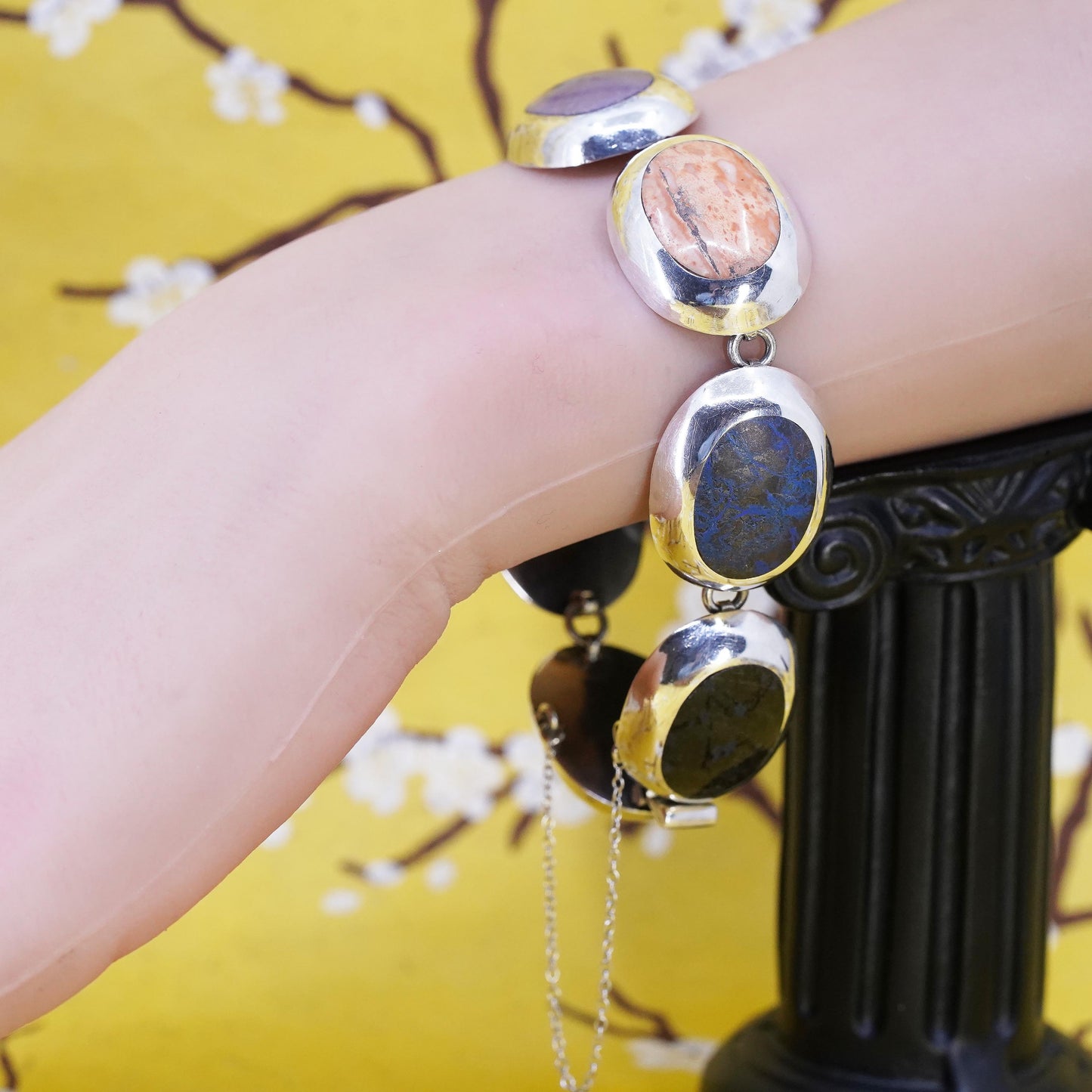 7.75", Mexican AM Sterling 925 silver bracelet turquoise obsidian jasper onyx