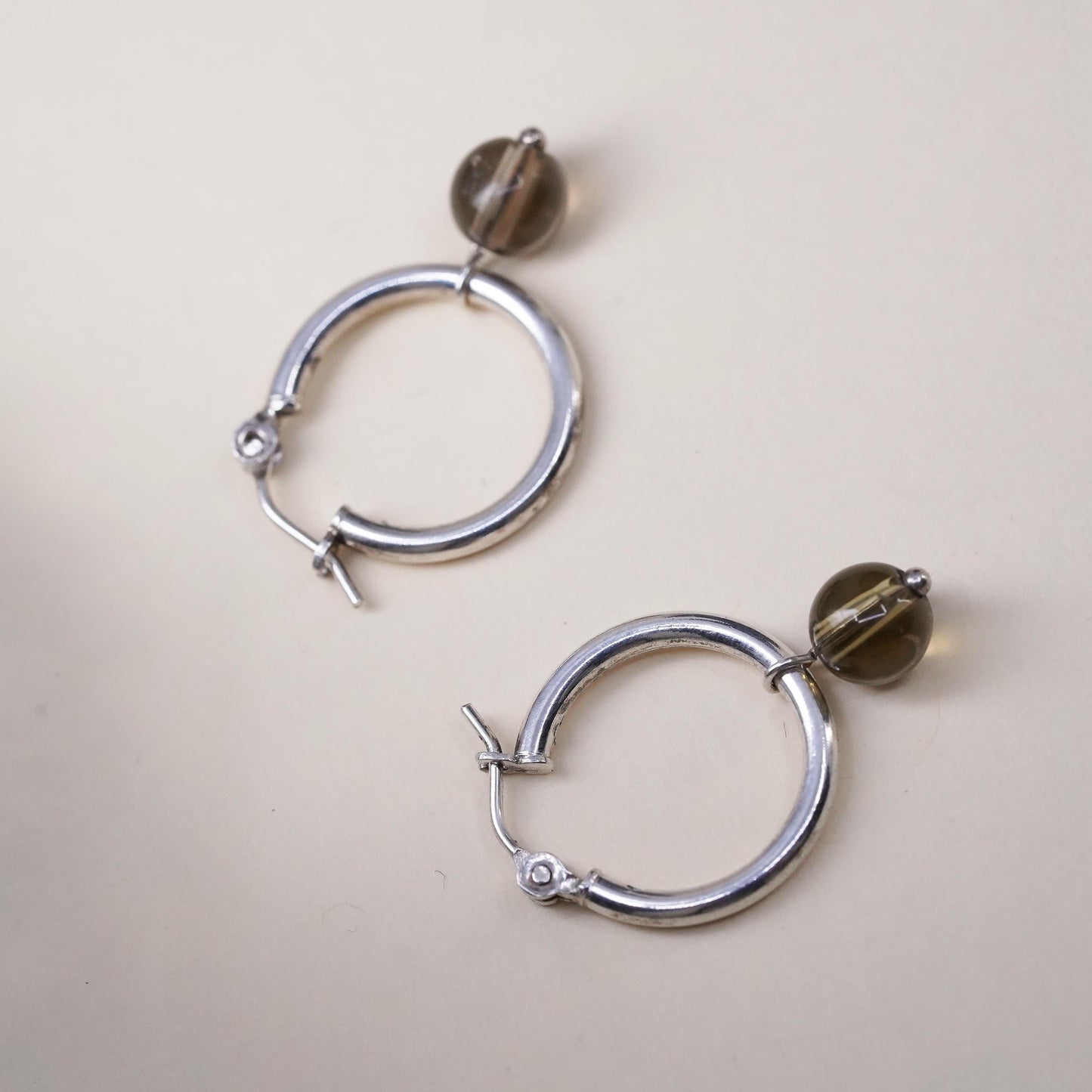 0.5”, VTG sterling 925 silver loop handmade earrings, smoky quartz bead hoops