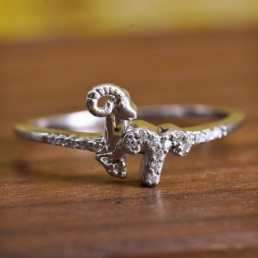 Size 7.5, vintage Sterling silver ring, 925 Capricornus with cluster Cz