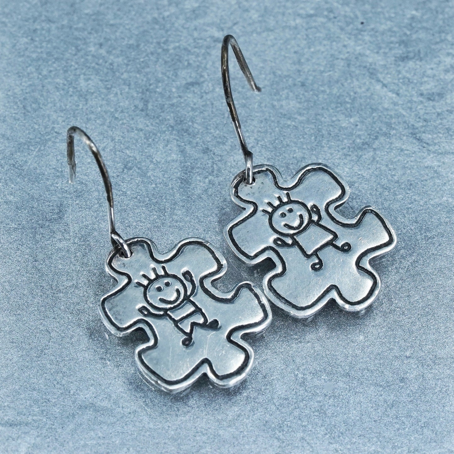Vintage Mexican Sterling 925 silver handmade puzzle earrings embossed boy